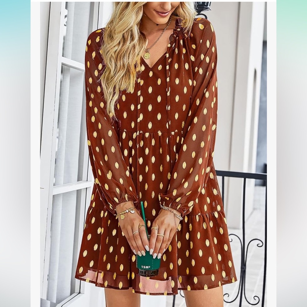 KIRUNDO Women 2024 Summer Long Sleeve V Neck Ruffle Polka Dot Mini Dress - Picture 3 of 6